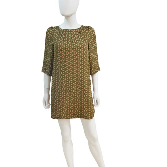 Fossil Pink Green Geometric Business Casual 3/4 Sleeve Shift Mini Dress, Small - Picture 1 of 12